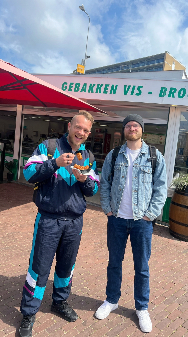 Gemeinsamer Snack vor einem niederländischen Fischimbiss